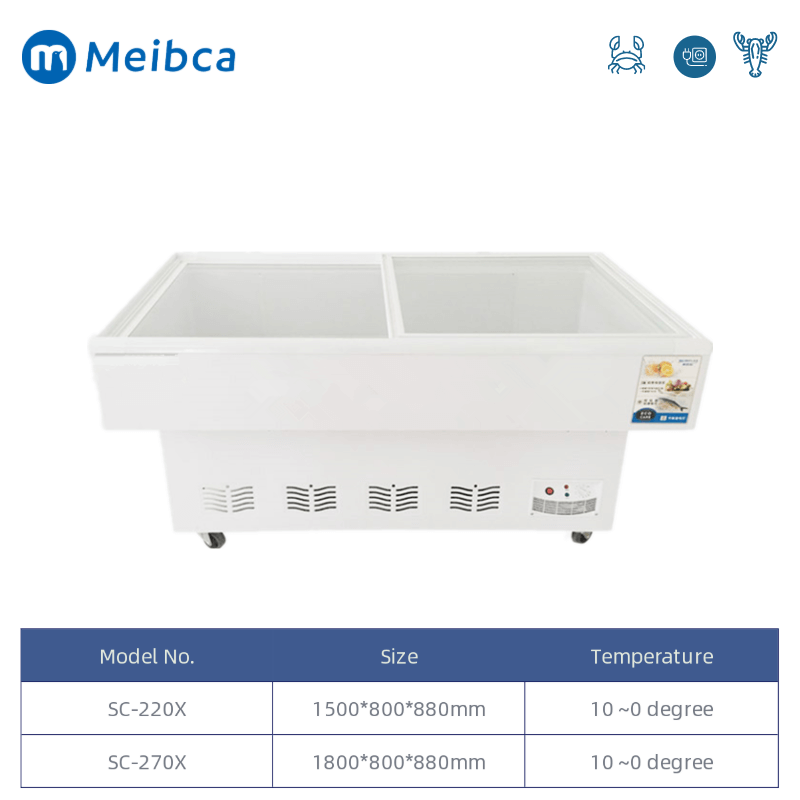 Supermercado escaparate de refrigerador de mariscos con vidrio curvado